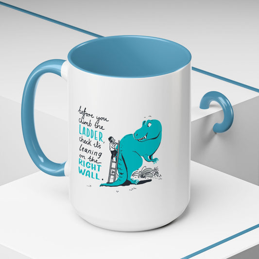 Dinosaur motivational mug with blue interior and handle - funny coffee cup gift