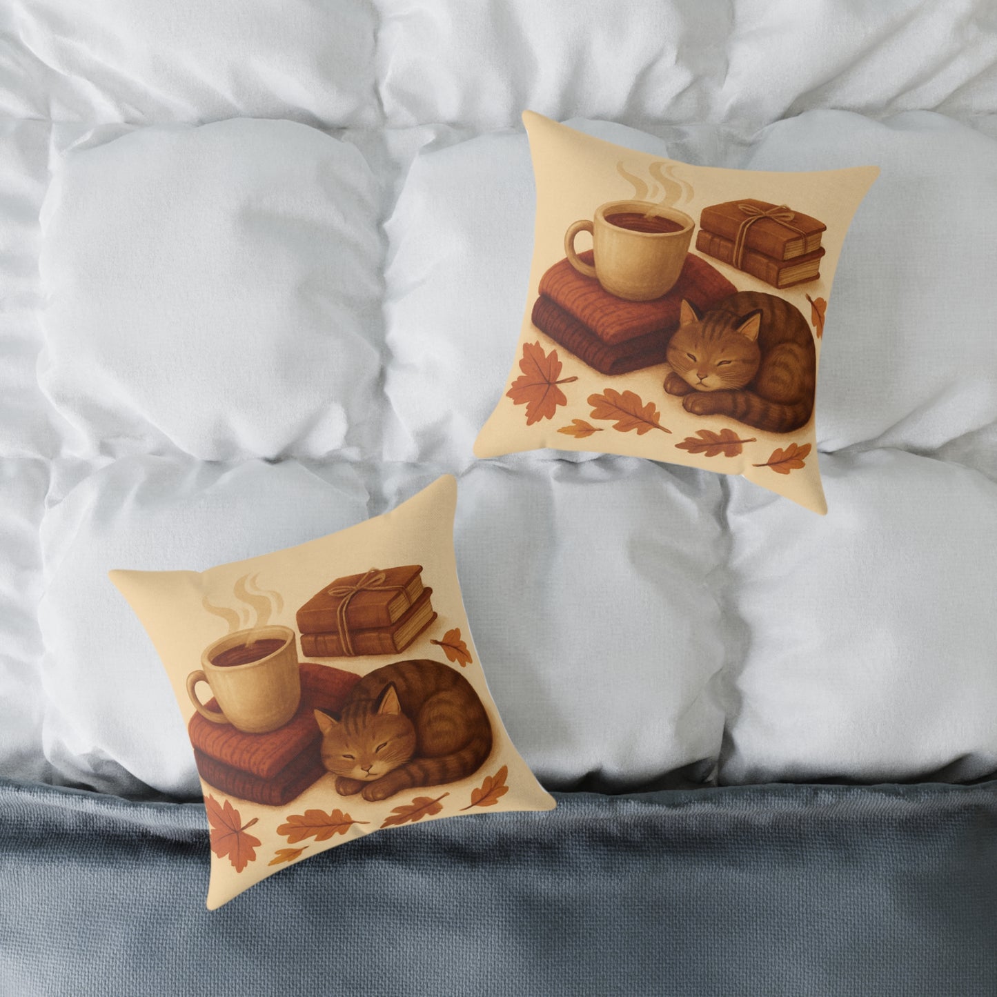 Square Pillow, Cozy Autumn Cat Decorative Cushion for Cat Lovers and Tea Drinkers, Fall Home Decor