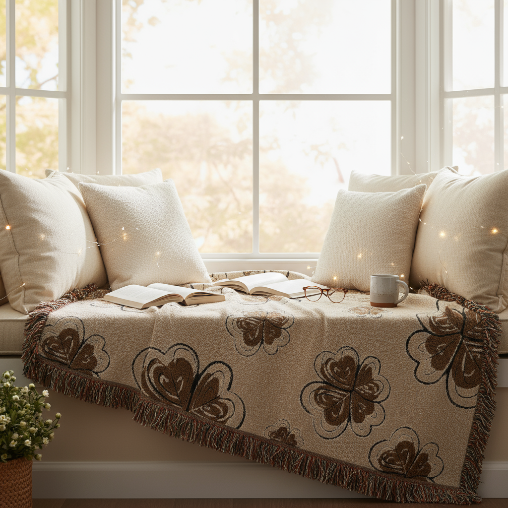 Four Leaf Clover Throw Blanket with Fringe - Beige Woven Tapestry