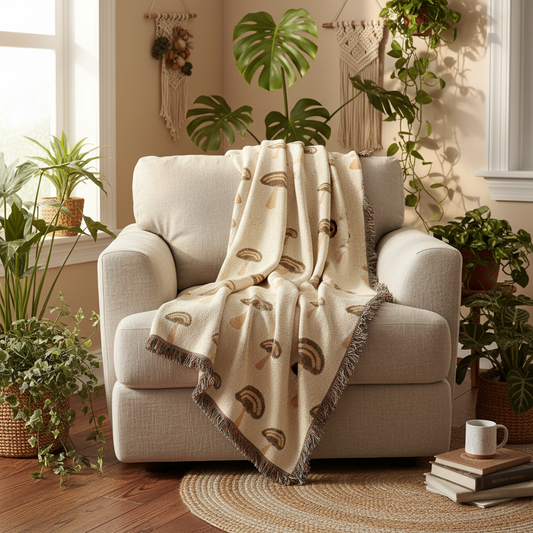 Mushroom Pattern Throw Blanket with Fringe - Cottagecore Woven Tapestry
