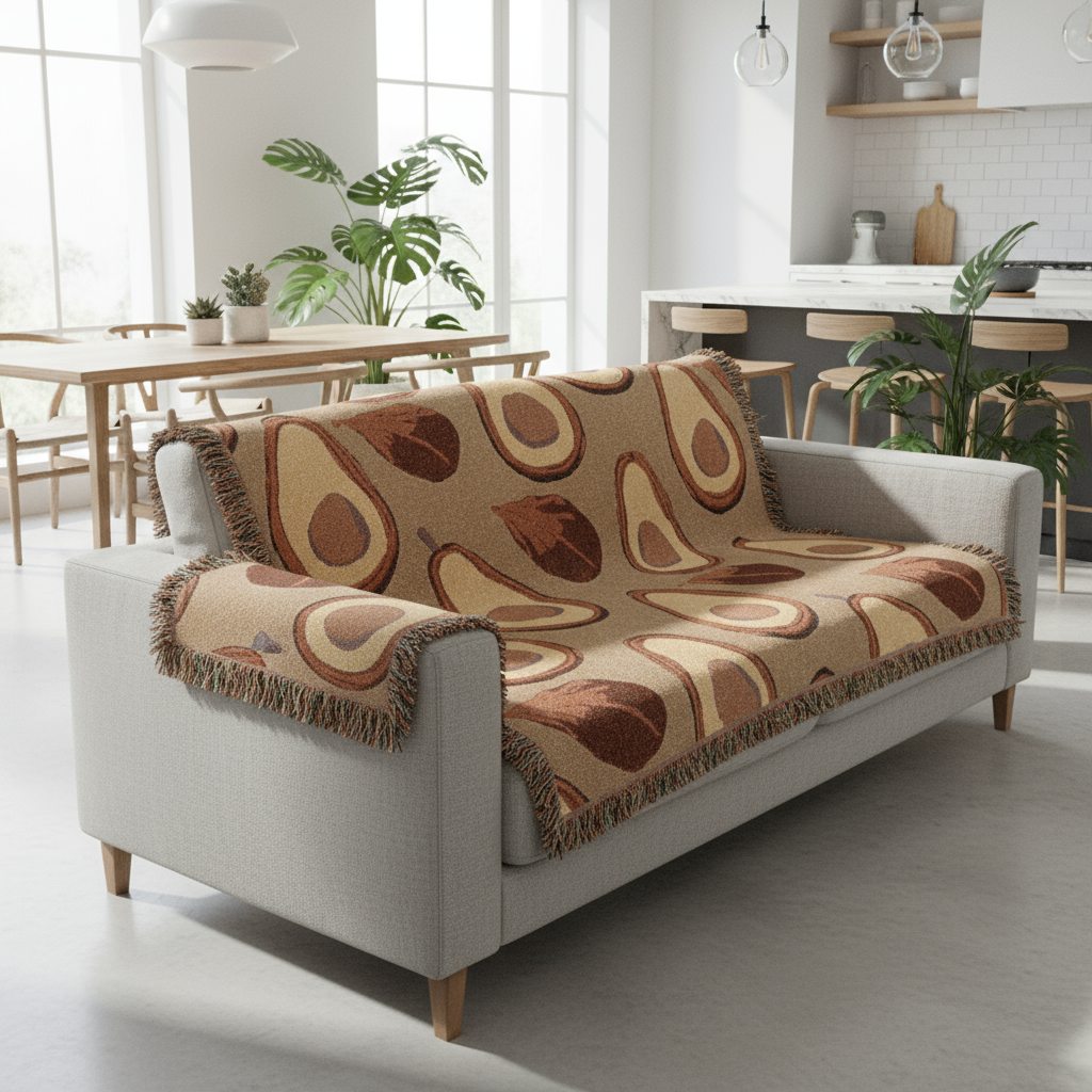 Avocado Pattern Throw Blanket with Fringe - Fun Woven Tapestry