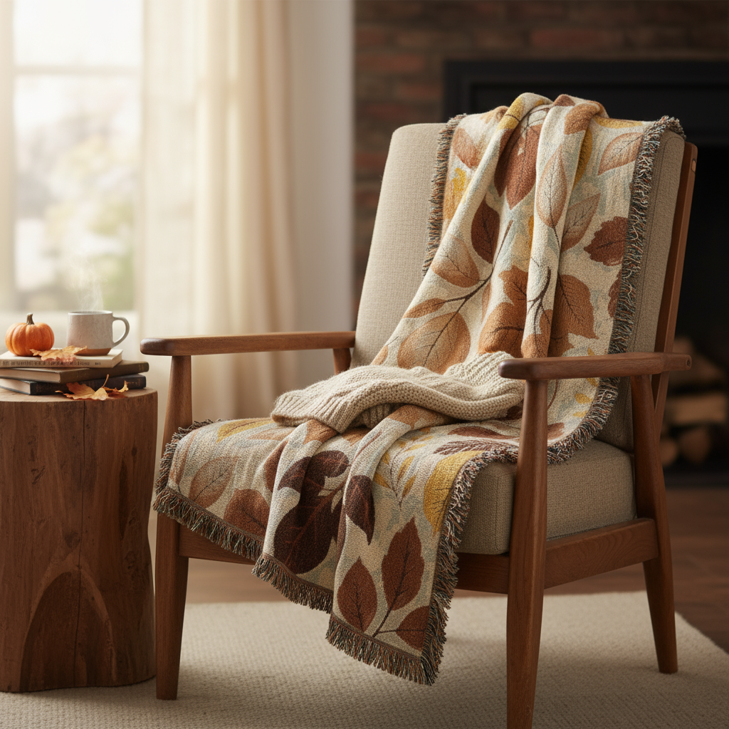 Autumn Leaves Woven Throw Blanket with Fringe
