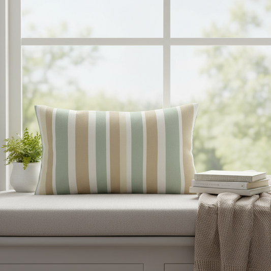 Decorative striped lumbar pillow on gray window seat bench with natural light