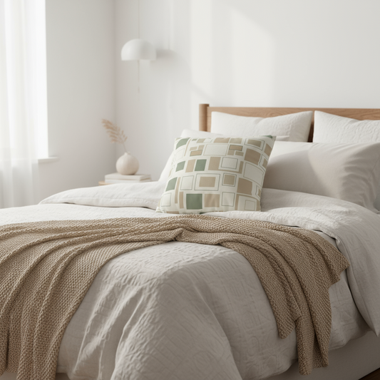 Geometric pillowcase on bed - modern poly canvas throw pillow for contemporary living room