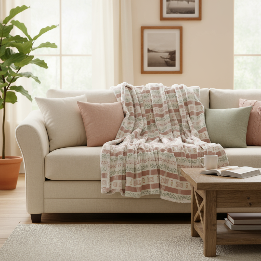 Cozy living room with a beige sofa, plaid blanket, and wooden coffee table.