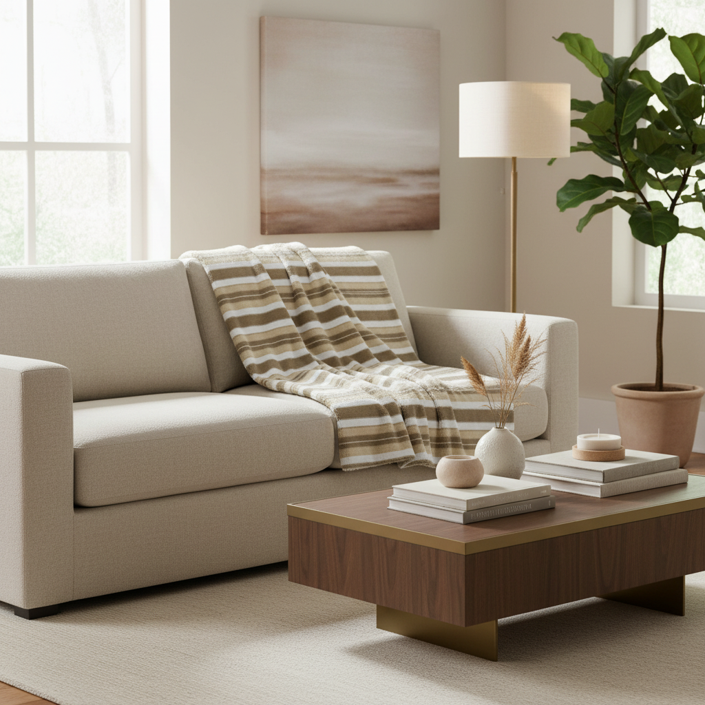 Modern living room with a beige sofa, wooden coffee table, and decorative elements.