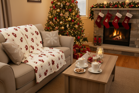 Christmas mittens minky blanket draped over furniture - cozy festive holiday throw
