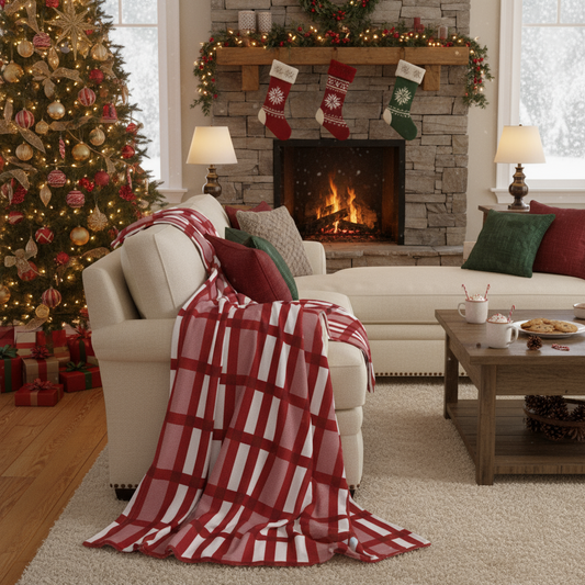 Minky plaid blanket draped over furniture, soft plush throw for cozy living room