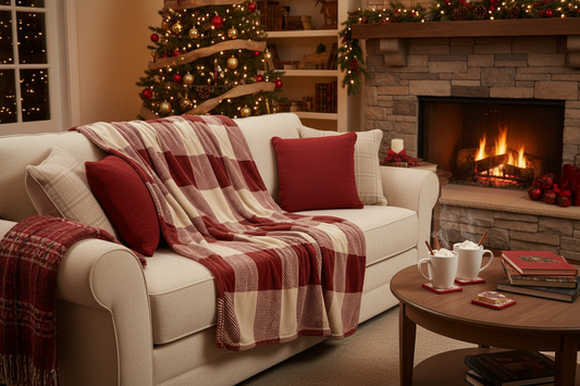 Red beige plaid minky blanket draped over furniture, cozy soft throw for living room