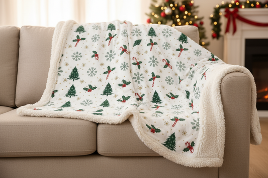 Festive Christmas sherpa blanket draped over furniture, holiday fleece throw for cozy home