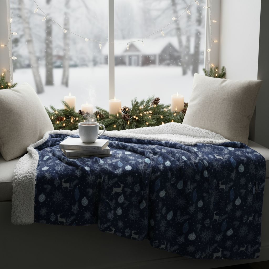 Elegant Navy Christmas Sherpa Fleece Blanket - Winter Reindeer Throw