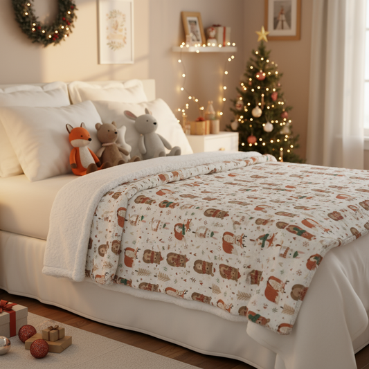 Christmas woodland sherpa blanket with winter animals, festive holiday throw for cozy home decor