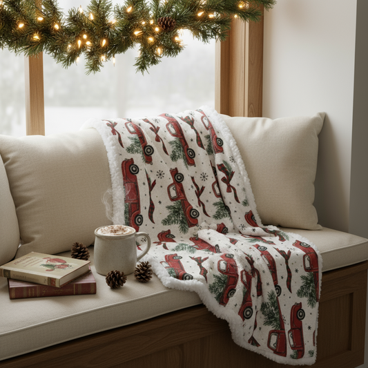 Farmhouse Christmas sherpa blanket with vintage red truck, holiday festive throw for rustic decor