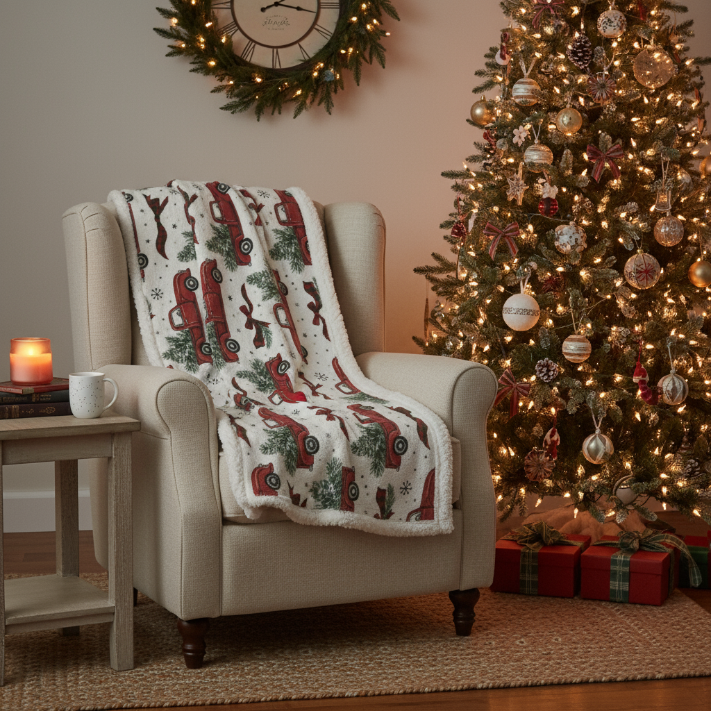 Vintage Red Truck Christmas Sherpa Blanket - Farmhouse Holiday Throw
