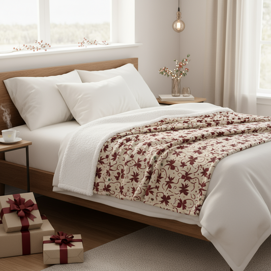 Elegant burgundy Christmas sherpa blanket with bow pattern, holiday festive throw for seasonal decor