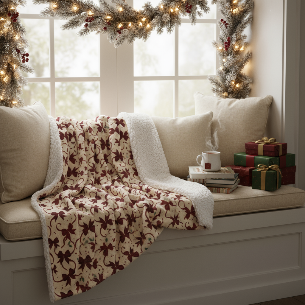 Cozy living room with a floral-patterned blanket draped over a couch, surrounded by Christmas decorations.