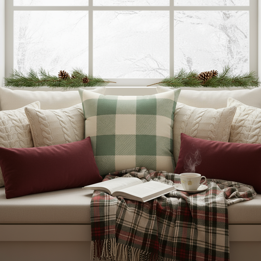 Green plaid farmhouse pillow on furniture, rustic decorative throw for cottage home style