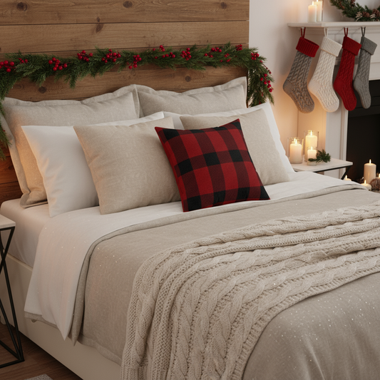 Classic buffalo plaid pillow on furniture, farmhouse decorative throw for cozy home aesthetic