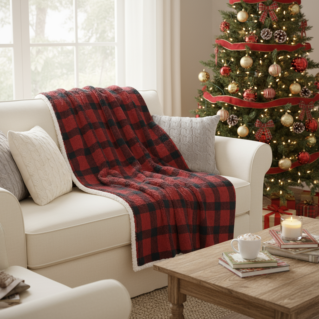 Red and black plaid sherpa blanket with buffalo check pattern, cozy fleece throw for rustic decor