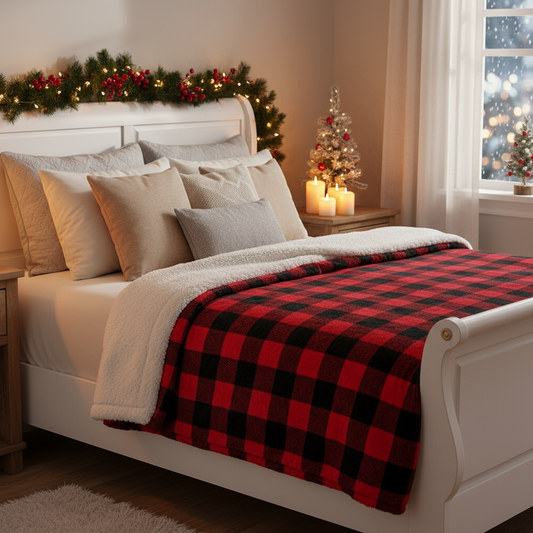 Cozy red black plaid sherpa blanket draped over chair, buffalo check fleece throw for farmhouse style