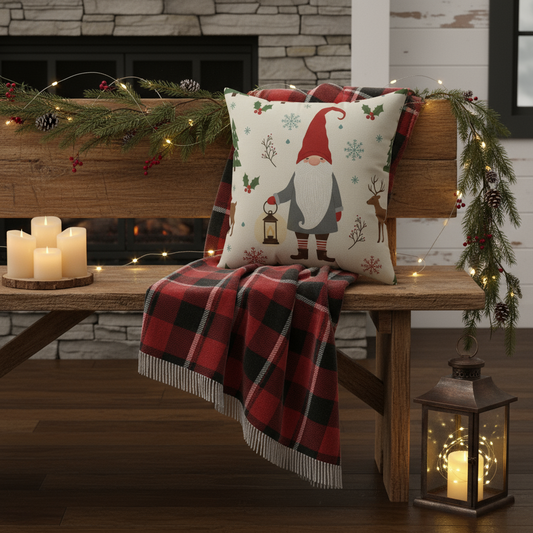 Holiday Christmas gnome pillow on couch, festive decorative throw for seasonal home decor