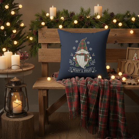 Festive gnome pillow on furniture, holiday decorative throw for Christmas home decor