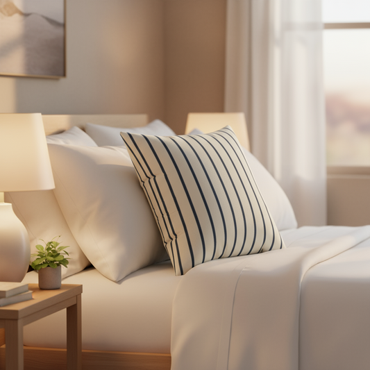 Navy cream striped pillow on furniture, nautical decorative throw for coastal home decor
