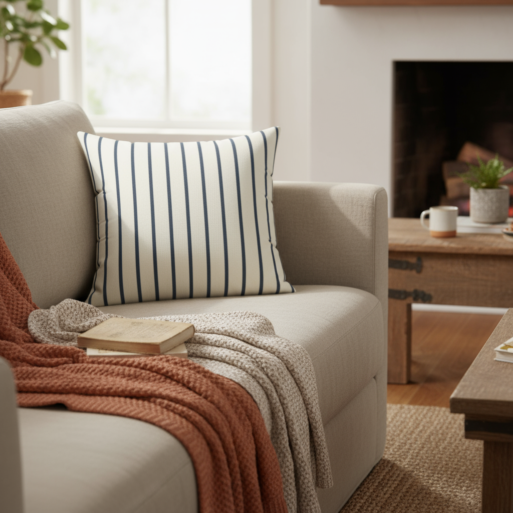 Square Pillow - Striped Navy & Cream Decorative Pillow