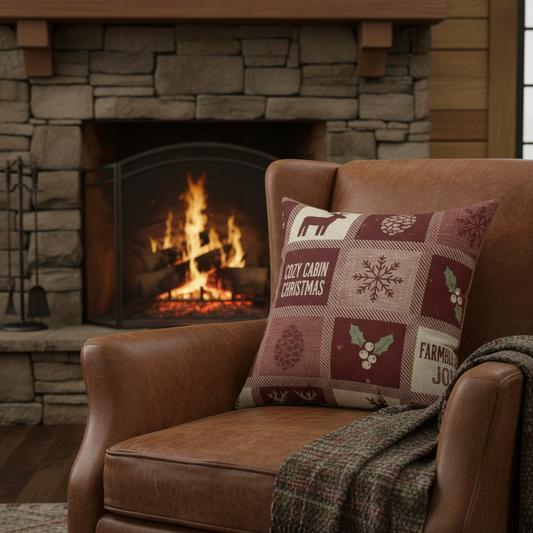 Brown leather armchair with a patchwork pillow in front of a stone fireplace with a fire.