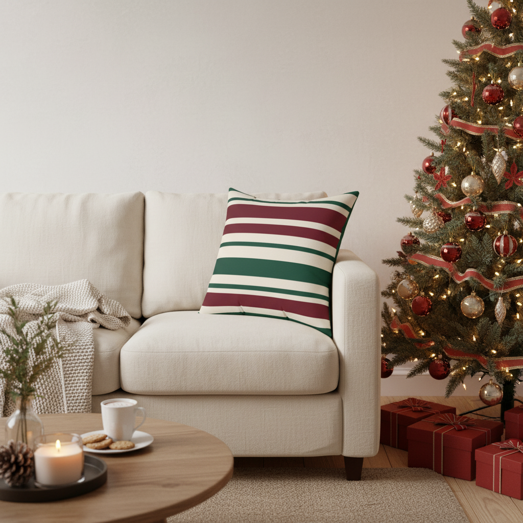 Holiday Square Pillow - Festive Red & Green Striped Throw Pillow