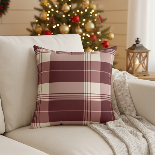 Square Pillow - Burgundy Plaid Cozy Rustic Throw Cushion