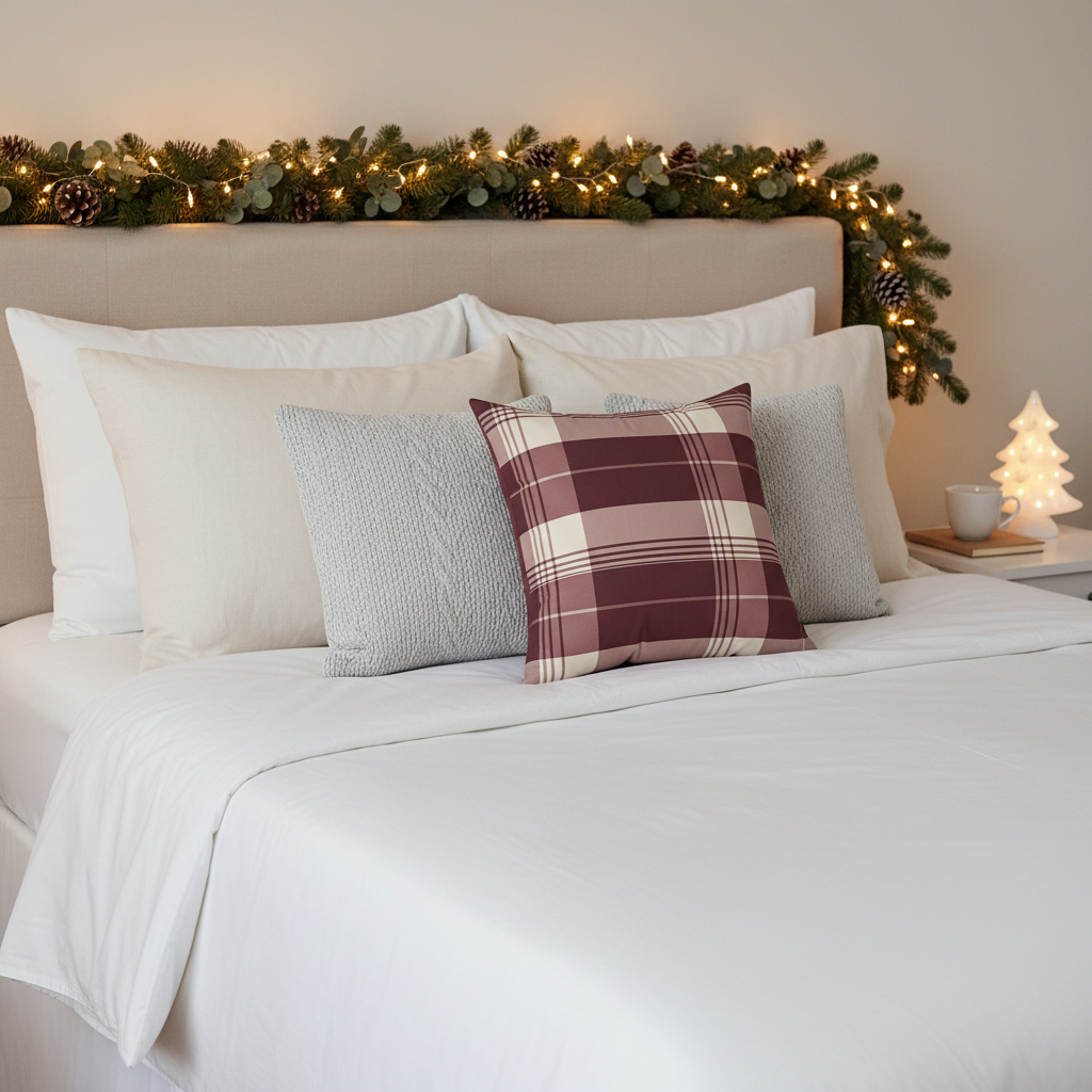 Square Pillow - Burgundy Plaid Cozy Rustic Throw Cushion