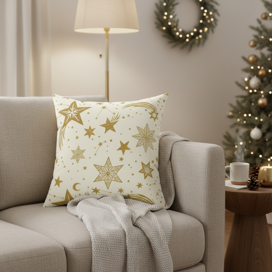 Holiday accent cushion with gold star constellation pattern - decorative throw pillow