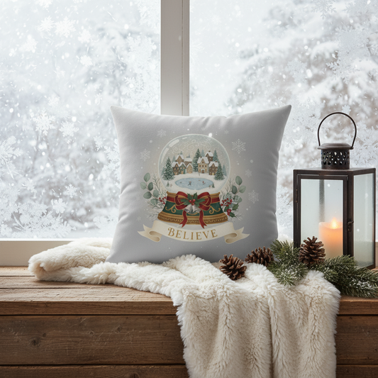 Snow Globe Spun Polyester Pillow - Hand-Illustrated Winter Holiday Decor