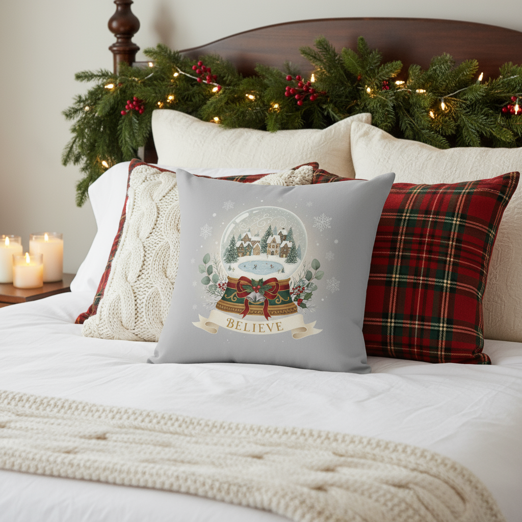 Snow Globe Spun Polyester Pillow - Hand-Illustrated Winter Holiday Decor