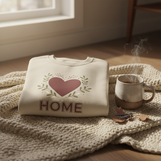Cozy rustic heart crewneck sweatshirt with Home text - soft pullover side view