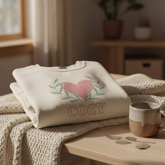 Cozy Heart sweatshirt folded on wooden table with coffee - cream pullover with heart wreath graphic