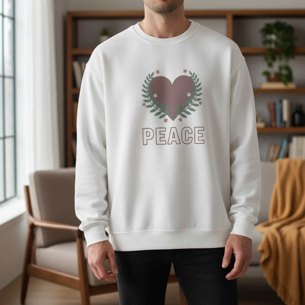 Peace Heart Crewneck Sweatshirt - Retro Olive Laurel Graphic