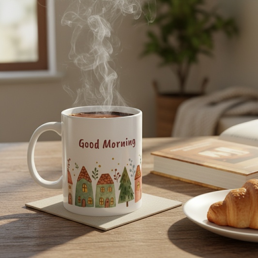 Cozy cottage tree morning mug with Good Morning text - 11oz coffee cup with breakfast setting