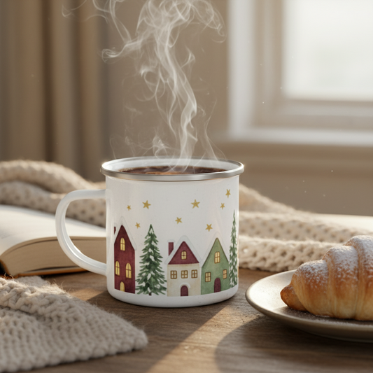 Christmas village holiday enamel mug with cozy cottage design - festive morning coffee with croissant