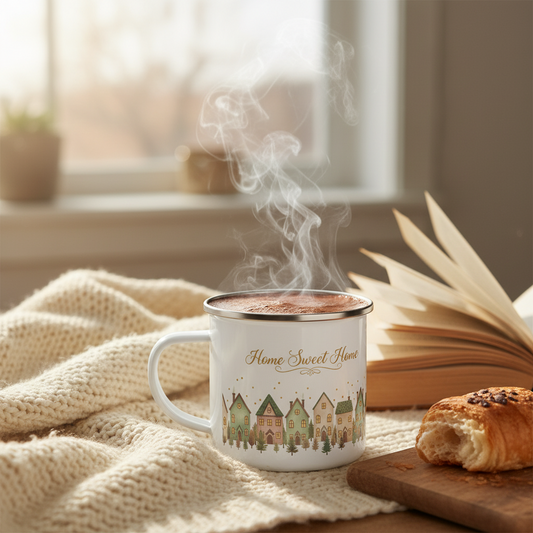 Home Sweet Home enamel coffee cup with village cottage illustration - cozy morning setting with book
