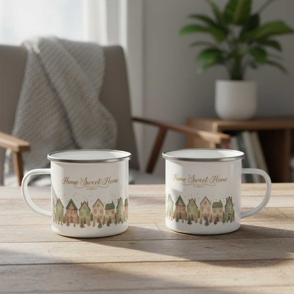 Enamel Mug - Home Sweet Home Cozy Village Cottage Coffee Cup