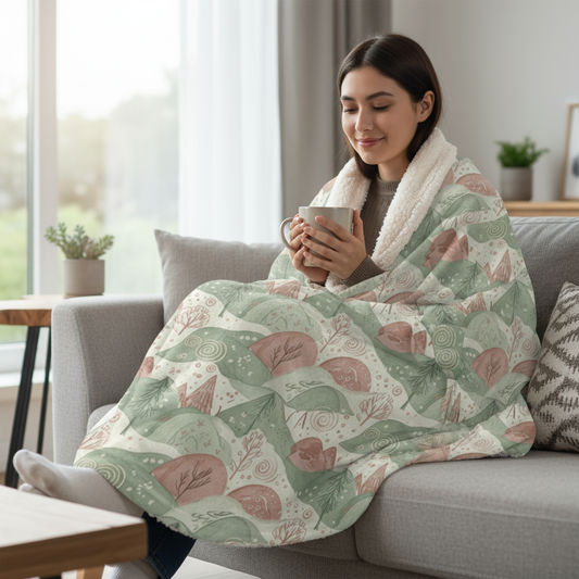 Pastel mountains and trees fleece throw - woodland sherpa blanket side view