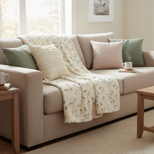 Soft cream wildflower fleece throw blanket - floral sherpa blanket side view