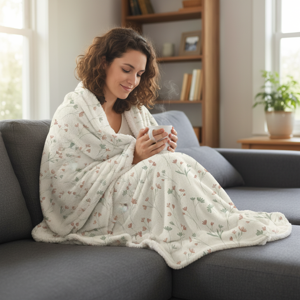 Floral Sherpa Blanket – Soft Cream Wildflower Fleece Throw