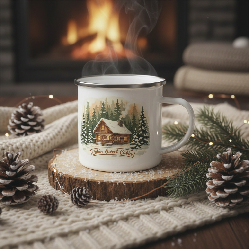 Cabin Sweet Cabin enamel camping mug with cozy winter scene - durable outdoor cup