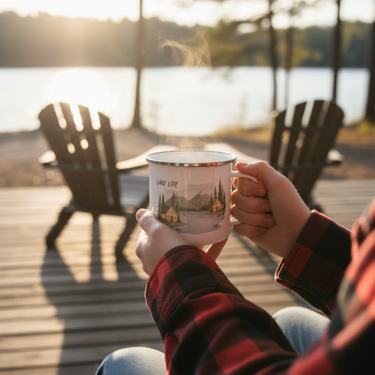 Lake Life enamel mug with mountain lake scene - durable camping coffee cup