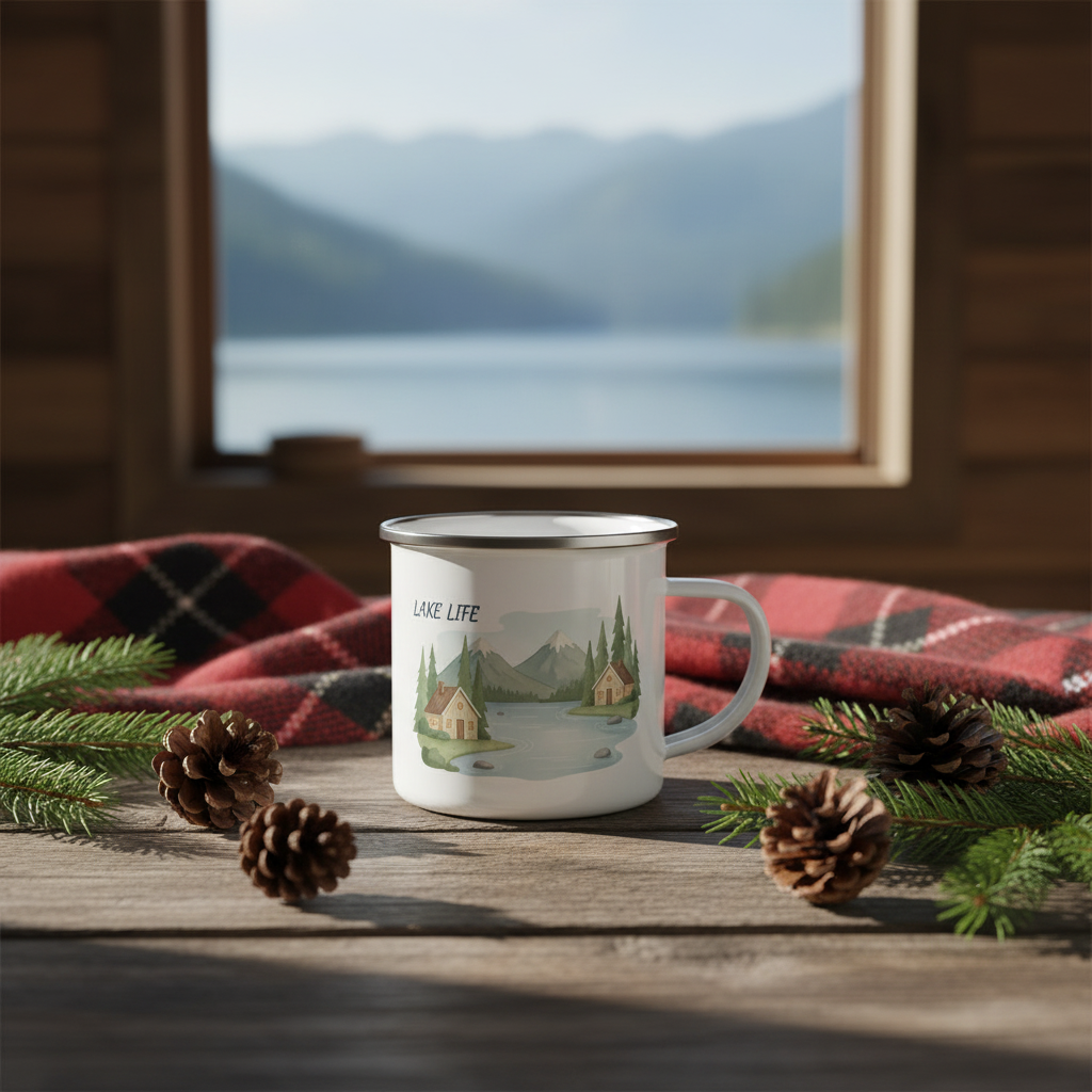 Rustic cabin enamel camping mug with Lake Life design - outdoor adventure coffee cup