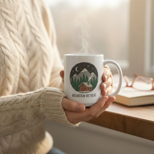 Person holding Mountain Retreat mug with cabin nightscape design in cozy setting
