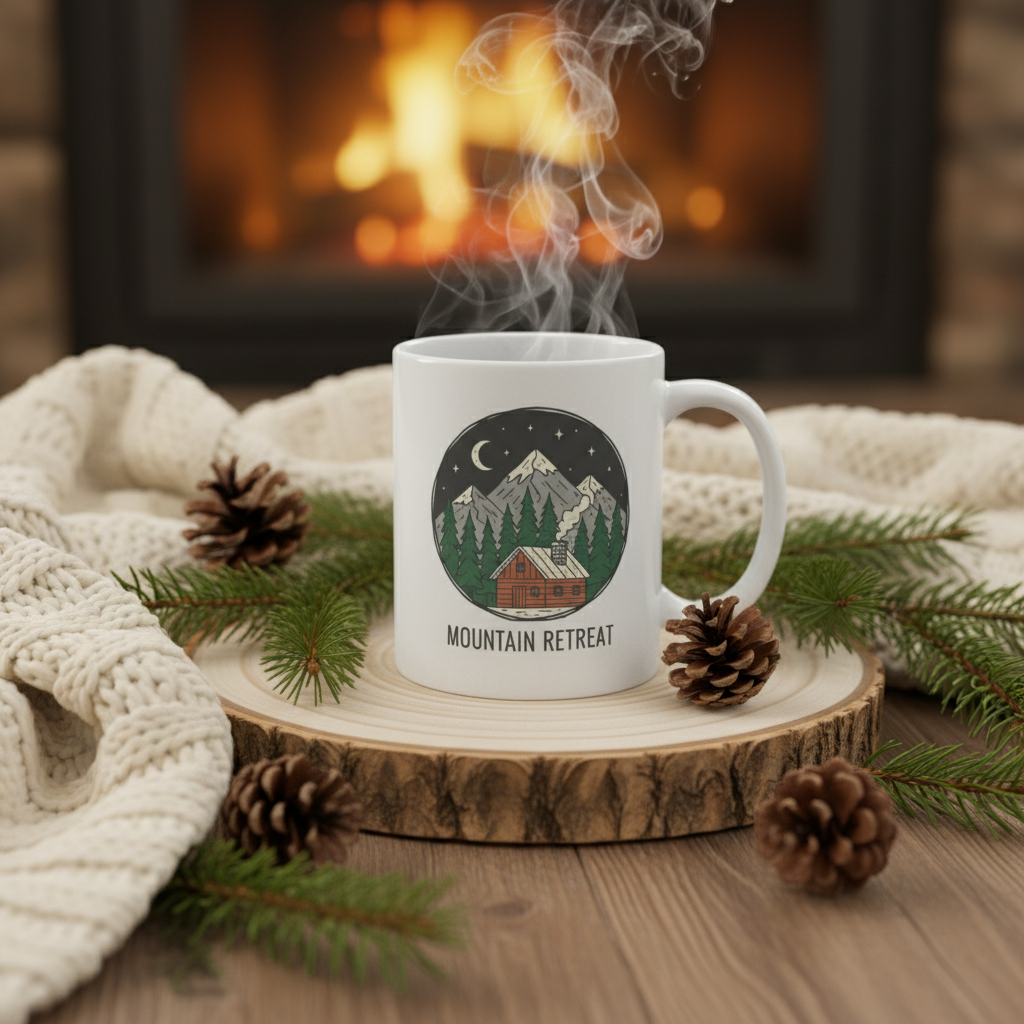 Mountain Retreat 11oz mug with cabin nightscape on wooden coaster by fireplace - rustic home decor